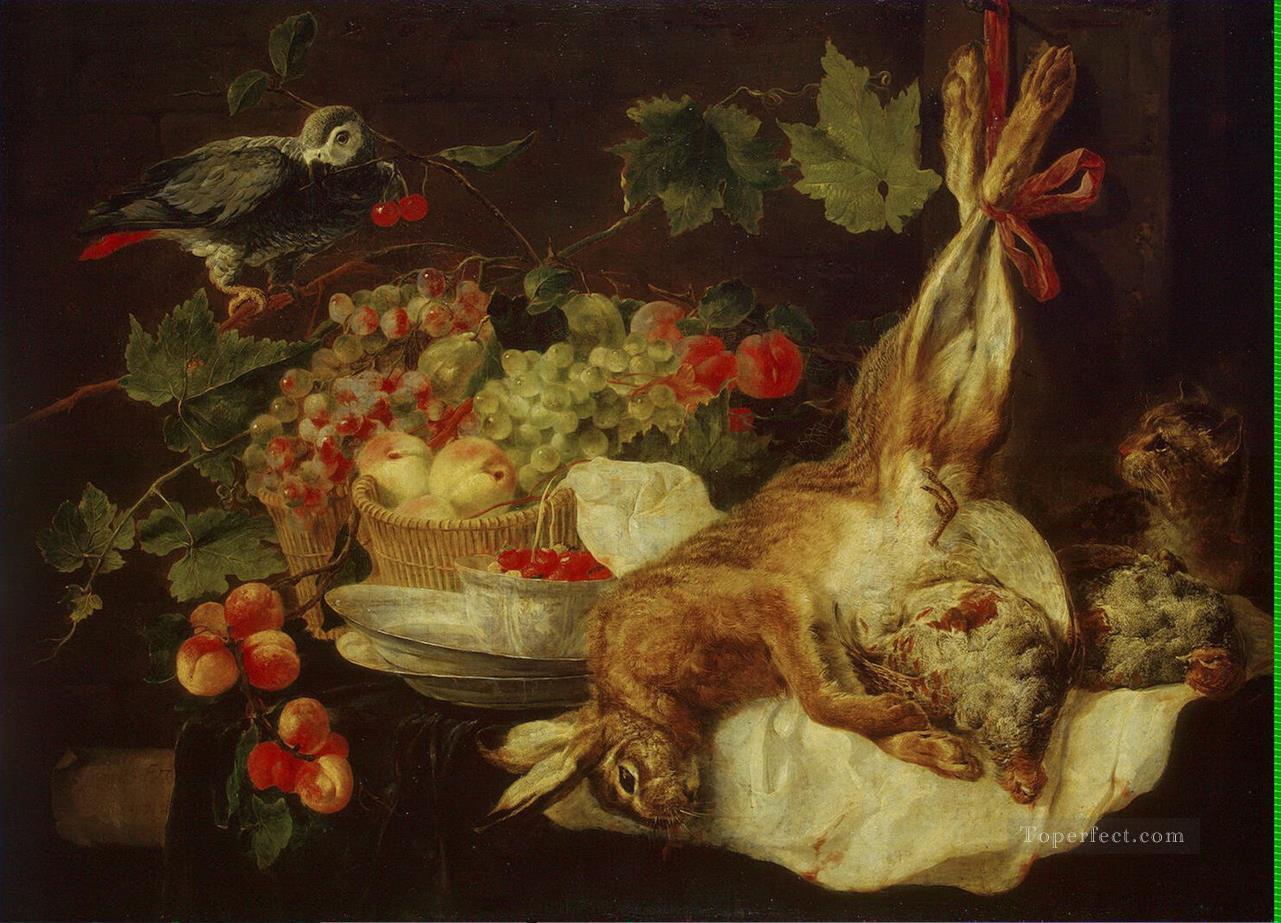 ウサギの果実とオウム油絵